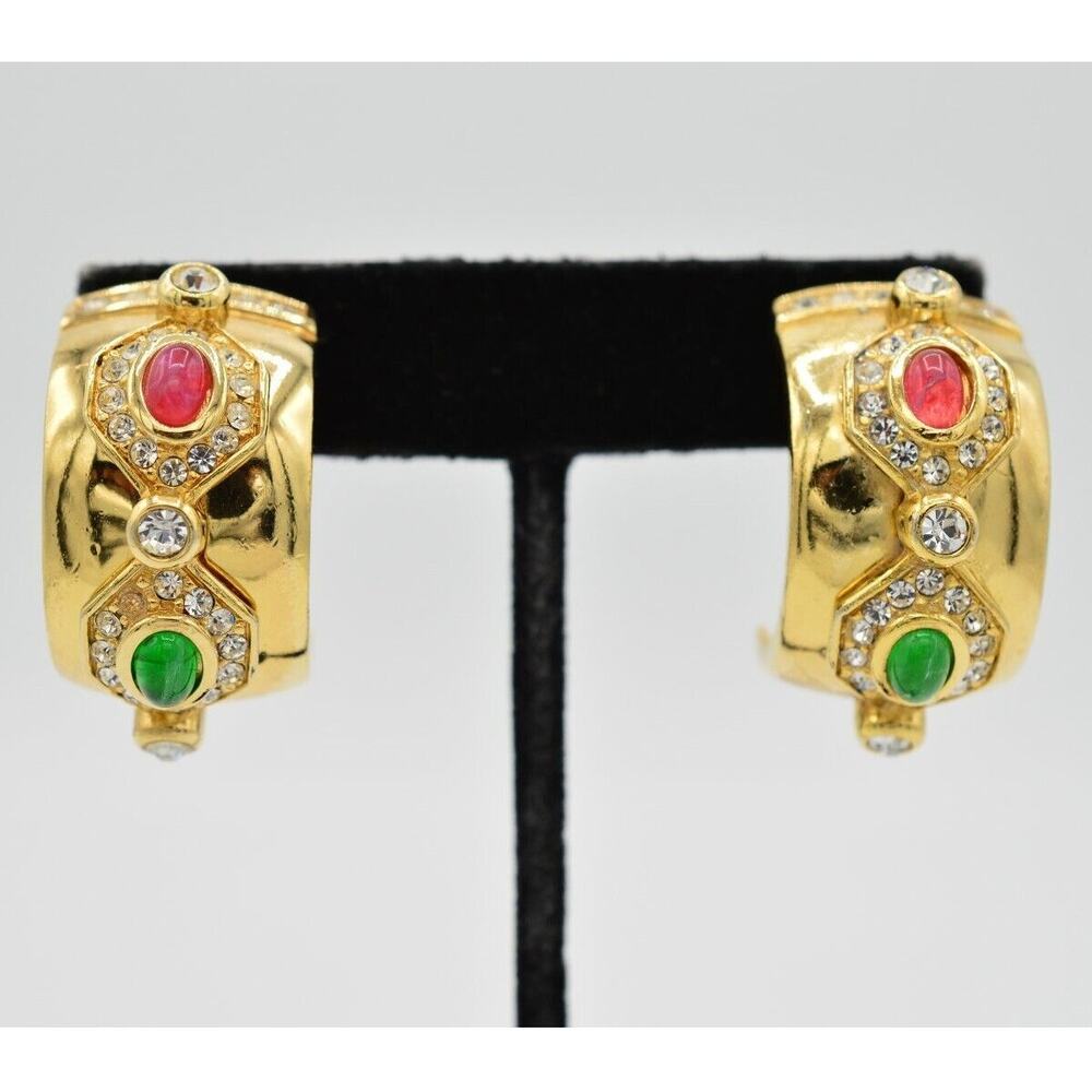 Christian Dior Vintage Cabochon Clip On Earrings Green Gold Chunky Signed Bin1